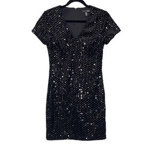 NEW Aqua Black Sequined Velvet Plunge V Neck Short Sleeve Mini Dress Size XS